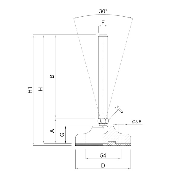 Martin Piede INOX A2 Base Plastica Snodato 30° Antiscivolo D.MM 85 M10/M12/M14 - MARTIN - Immagine 2